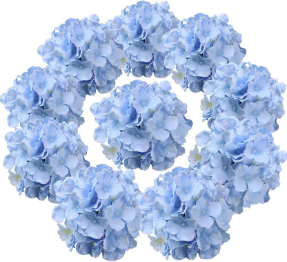 TETOU 10Pcs Silk Hydrangea Heads, Artificial Flowers Heads Fake Flower with Stems for Home Wedding Family Party Decoration - Blue