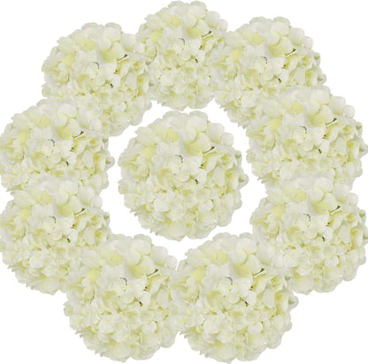 TETOU 10Pcs Silk Hydrangea Heads, Artificial Flowers Heads Fake Flower with Stems for Home Wedding Family Party Decoration - White