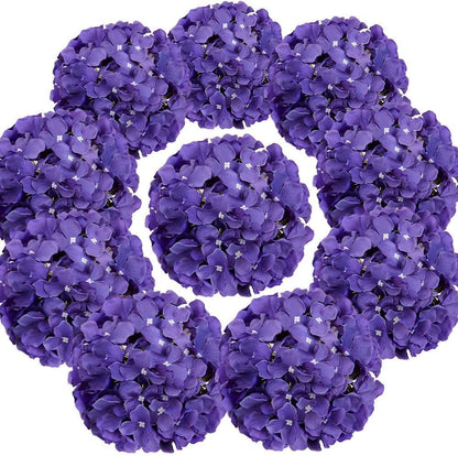 TETOU 10Pcs Silk Hydrangea Heads, Artificial Flowers Heads Fake Flower with Stems for Home Wedding Family Party Decoration - Dream Purple