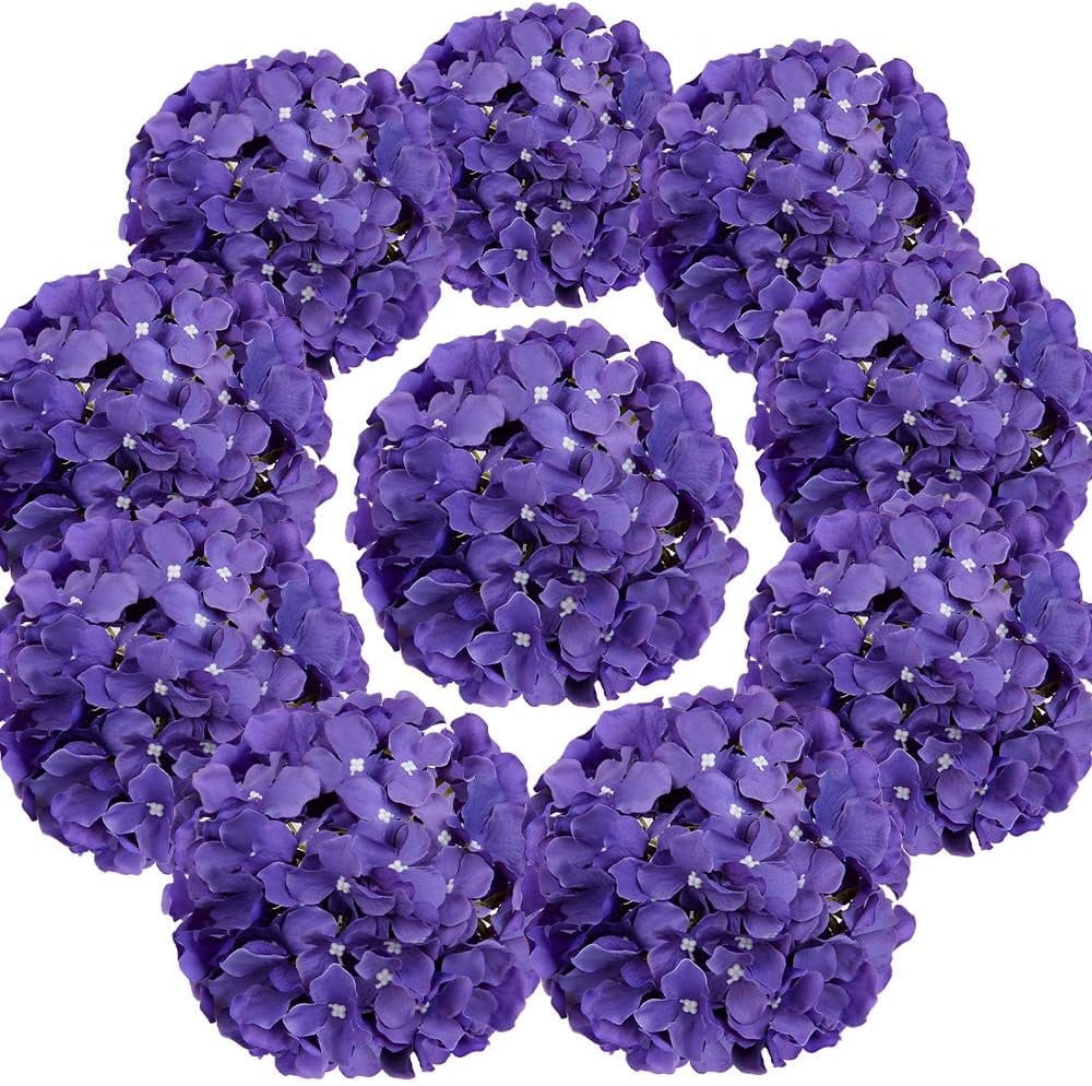 TETOU 10Pcs Silk Hydrangea Heads, Artificial Flowers Heads Fake Flower with Stems for Home Wedding Family Party Decoration - White