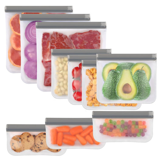 TETOU 10pcs Reusable Food Storage Bags 3 Sizes Silicone Leakproof Freezer Bags for Meat Fruit Vegetable Lunch Travel Storage Bags