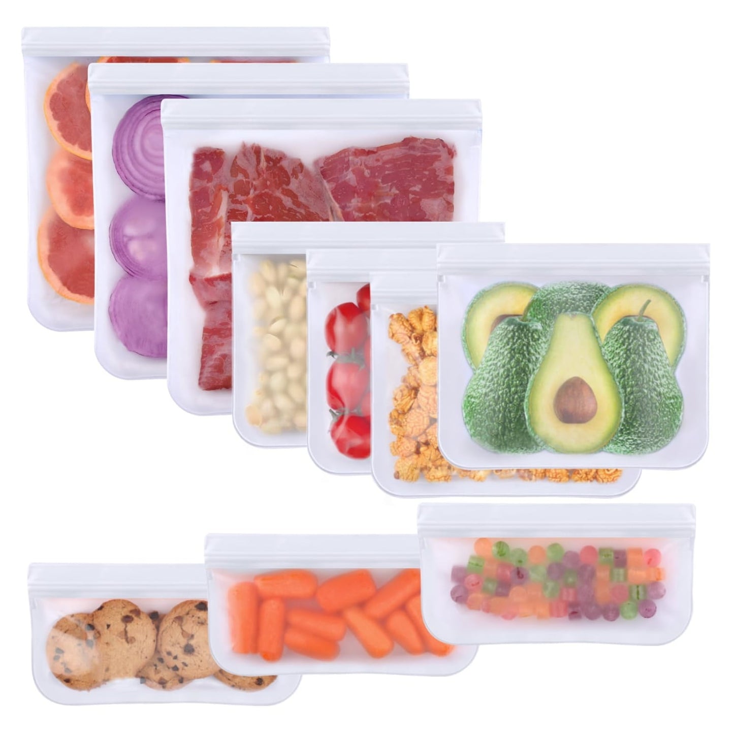 TETOU 10pcs Reusable Food Storage Bags 3 Sizes Silicone Leakproof Freezer Bags for Meat Fruit Vegetable Lunch Travel Storage Bags