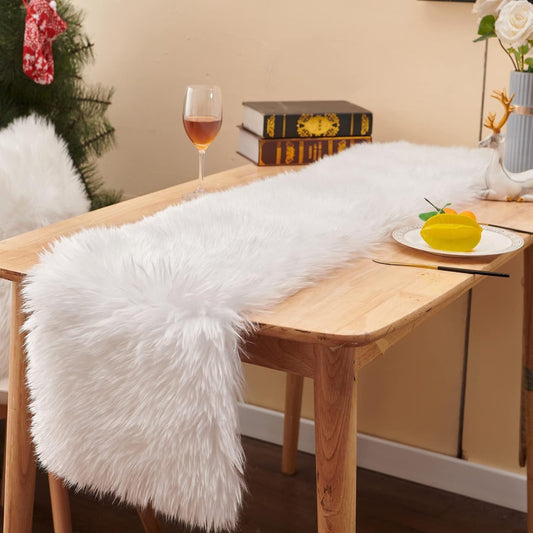TETOU 13.8"x59.1" Faux Fur Table Runner,Modern White Dresser Table Runners for Bedroom Holiday Christmas Parties Thanksgiving Friendsgiving Weddings Birthdays