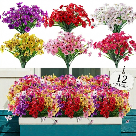 TETOU 12 Bundles Artificial Flowers for Outdoor Decoration, Fake Silk Colorful Plastic Flowers UV Resistant No Fade for Front Door Garden Yard Balcony Spring Farmhouse Decor(Mix color)