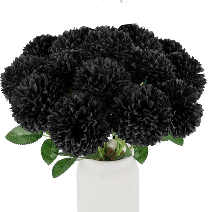 TETOU 12 Pcs Black Artificial Chrysanthemums Flowers,Fake Silk Mums Flowers for Fall Autumn Halloween Home Indoor Floral Arrangement Table Centerpiece Decorations