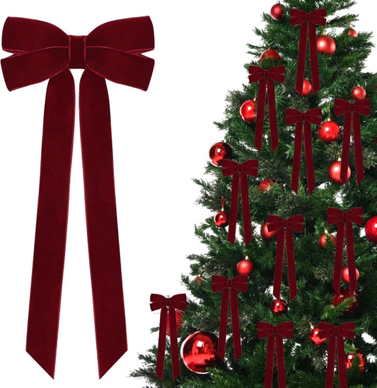 TETOU 12Pcs Burgundy Velvet Ribbon Christmas Bows Decorations,5x10 Inch Xmas Bows Ornaments for Christmas Tree Home Party Staircase Door Wreath Garland Fireplace Mantel Holiday Decor