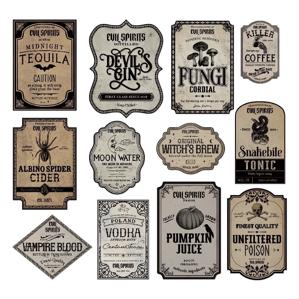 TETOU 12Pcs Halloween Wine Bottle Labels Stickers, Vintage Scary Potion Bottles Labels, Classic Creepy Waterproof Wine Labels for Halloween Party Favor