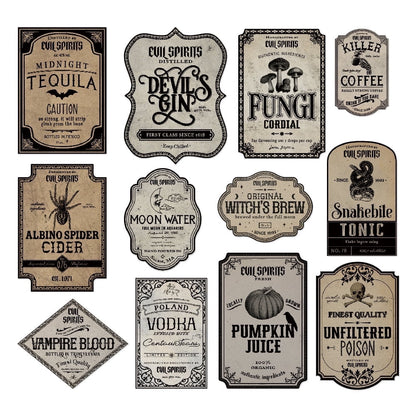 TETOU 12Pcs Halloween Wine Bottle Labels Stickers, Vintage Scary Potion Bottles Labels, Classic Creepy Waterproof Wine Labels for Halloween Party Favor
