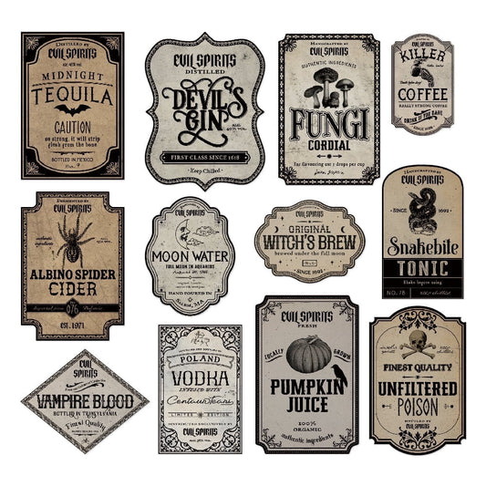 TETOU 12Pcs Halloween Wine Bottle Labels Stickers, Vintage Scary Potion Bottles Labels, Classic Creepy Waterproof Wine Labels for Halloween Party Favor