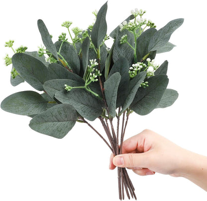 TETOU 24pcs Artificial Eucalyptus Leaves Stems with White Seeds Greenery Plants Flower Arrangement Wedding Home Decor
