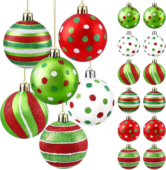 TETOU 18pcs Christmas Balls Ornament,2.4 Inch Glittering Hanging Xmas Balls for Tree Decoration,Swirl Candy Cane Red Green Plastic Christmas Ornaments for Home Indoor Holiday Party Decor
