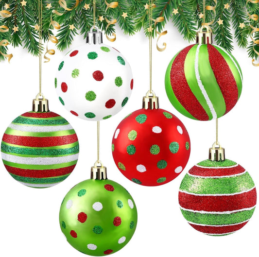 TETOU 12pcs Christmas Balls Ornament,2.4 Inch Glittering Hanging Xmas Balls for Tree Decoration,Swirl Candy Cane Red Green Plastic Christmas Ornaments for Home Indoor Holiday Party Decor