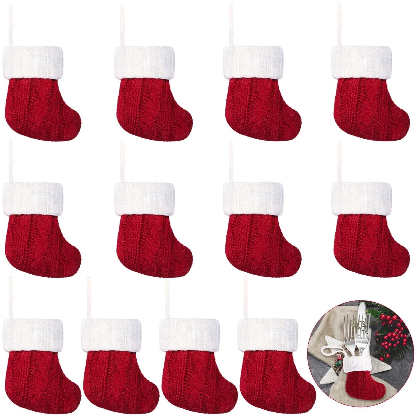 TETOU 12pcs Christmas Mini Stockings Knitted Xmas Classic Small Stocking Fireplace Holiday Hanging Decor