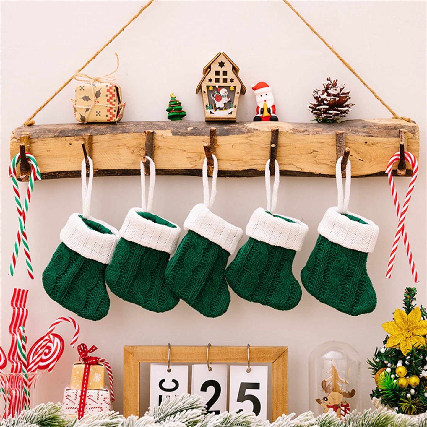 TETOU 12pcs Christmas Mini Stockings Knitted Xmas Classic Small Stocking Fireplace Holiday Hanging Decor