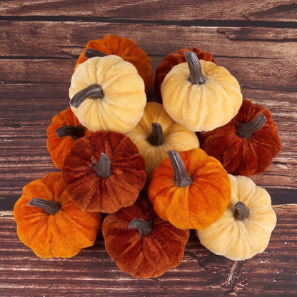 TETOU 12pcs Fall Artificial Pumpkins Decor, Mini Faux Velvet Fabric Foam Pumpkins for Fall Home Farmhouse Harvest Halloween Thanksgiving Table Centerpiece Decoration