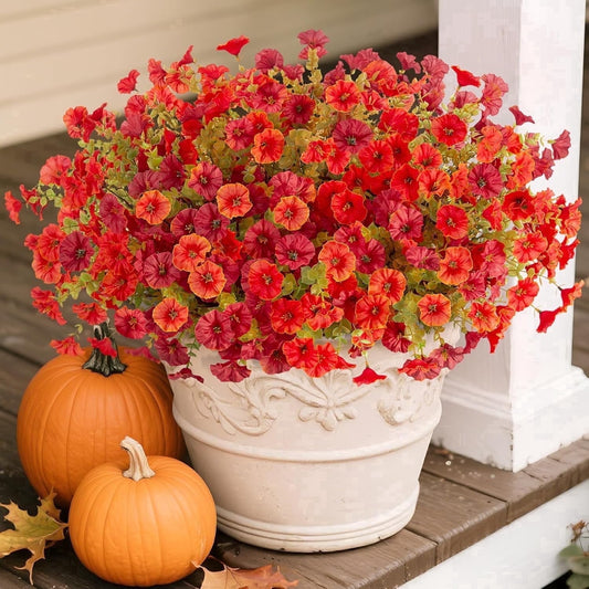TETOU 12pcs Outdoor Artificial Fake Fall Flowers,UV Resistant No Fade Morning Glory Flowers with Eucalyptus Realistic Faux Flowers for Fall Halloween Thanksgiving Yard Garden Decoration(Orange Red)