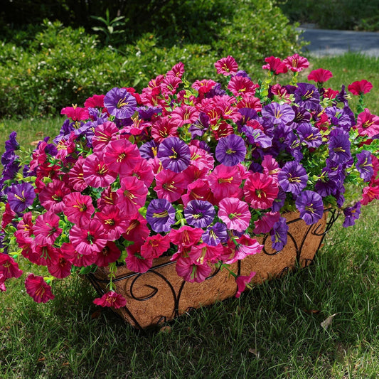 TETOU 12pcs Outdoor Artificial Fake Flowers,UV Resistant No Fade Morning Glory Flowers with Eucalyptus Realistic Faux Flowers for Indoor Planters Window Box Yard Garden Decoration(Purple Fuchsia)