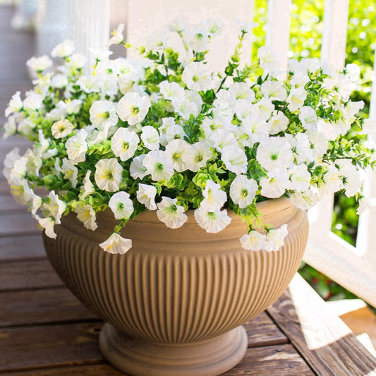 TETOU 12pcs Outdoor Artificial Fake Flowers,UV Resistant No Fade Morning Glory Flowers with Eucalyptus Realistic Faux Flowers for Indoor Planters Window Box Yard Garden Decoration(White)