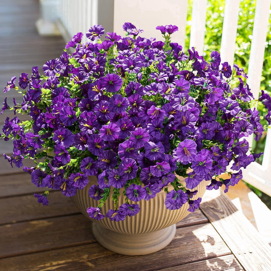 TETOU 12pcs Outdoor Artificial Fake Flowers,UV Resistant No Fade Morning Glory Flowers with Eucalyptus Realistic Faux Flowers for Indoor Planters Window Box Yard Garden Decoration(Purple)