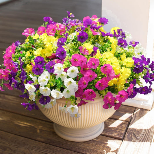 TETOU 12pcs Outdoor Artificial Fake Flowers,UV Resistant No Fade Morning Glory Flowers with Eucalyptus Realistic Faux Flowers for Indoor Planters Window Box Yard Garden Decoration(Multi Color)
