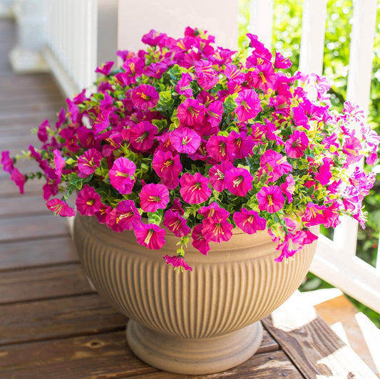 TETOU 12pcs Outdoor Artificial Fake Flowers,UV Resistant No Fade Morning Glory Flowers with Eucalyptus Realistic Faux Flowers for Indoor Planters Window Box Yard Garden Decoration(Fuchsia)