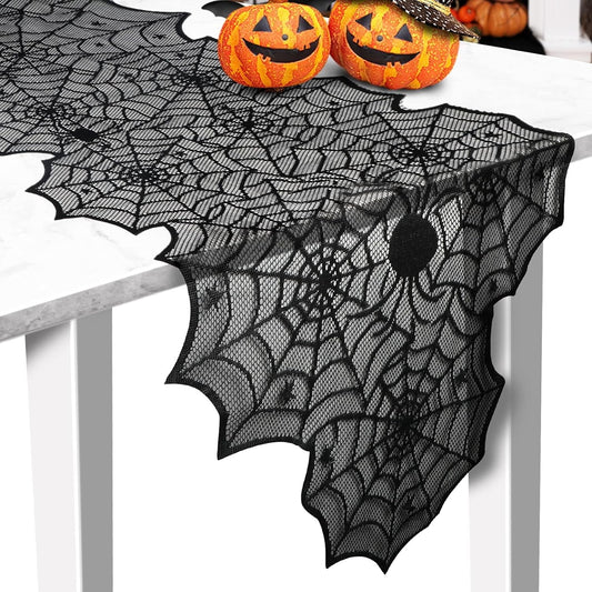 TETOU 13 x 72Inch Halloween Table Runner,Black Lace Spider Web Gothic Table Runners for Halloween Party Dinner Table Decoration