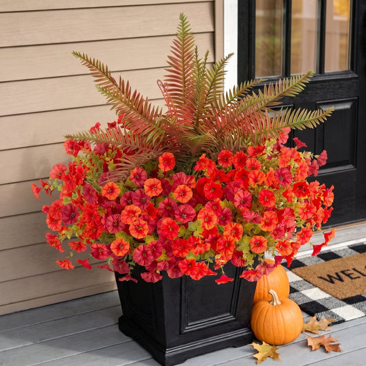 TETOU 13PCS Artificial Fall Flowers for Outdoors, UV Resistant No Fade Tall Ferns Silk Faux Petunias Flower for Fall Halloween Thanksgiving Garden Balcony Yard Outdoor Decoration(Fall 3 Color Mixed)