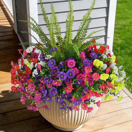 TETOU 13PCS Artificial Flowers for Outdoors Fake Flowers, UV Resistant No Fade Tall Ferns Silk Faux Petunias Flower for Spring Garden Balcony Yard Porch Indoor Outdoor Decoration(7 Color Mixed)