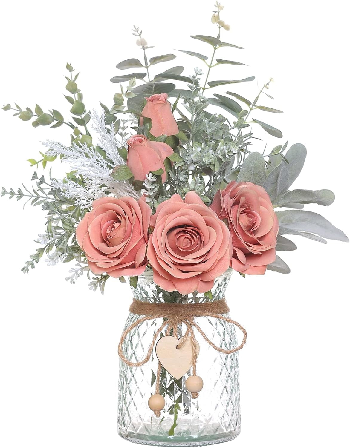 TETOU 14.5*11" Fake Flowers with Vase, Artificial Silk Roses in Vase, Fake Plant Eucalyptus Flower for Home Office Farmhouse Bathroom Dining Table Centerpiece Coffee Table Decor - White