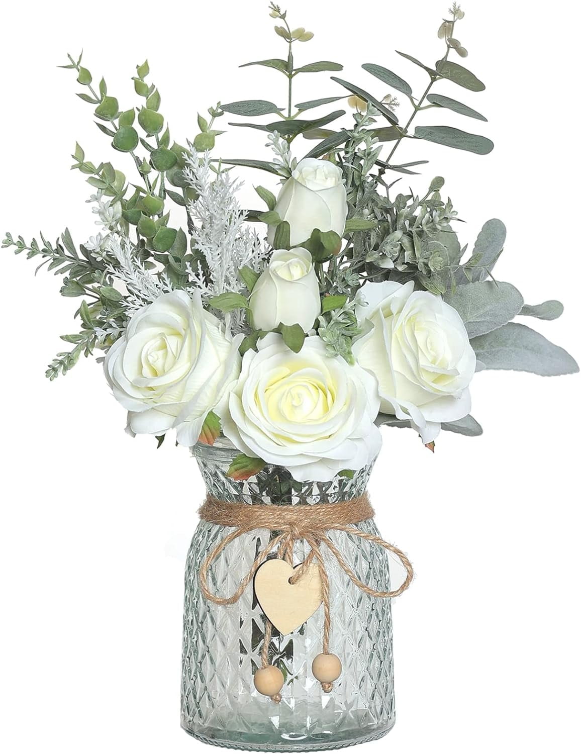 TETOU 14.5*11" Fake Flowers with Vase, Artificial Silk Roses in Vase, Fake Plant Eucalyptus Flower for Home Office Farmhouse Bathroom Dining Table Centerpiece Coffee Table Decor - White