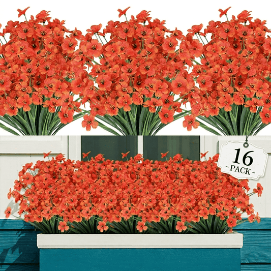 TETOU 16 Bundles Artificial Fall Flowers for Outdoor Decoration,Fake Silk Colorful Plastic Flowers UV Resistant No Fade for Front Door Garden Yard Thanksgiving Halloween Farmhouse Decor(Orange)