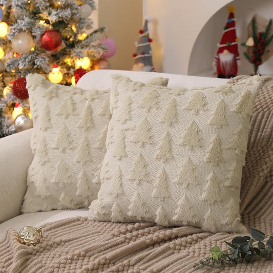 TETOU 18"x18"Set of 2 Christmas Tree Pillow Covers,Xmas Soft Faux Fur Wool Couch Cushion for Sofa Bedroom Living Room Home Farmhouse Winter Christmas Decor (Beige)
