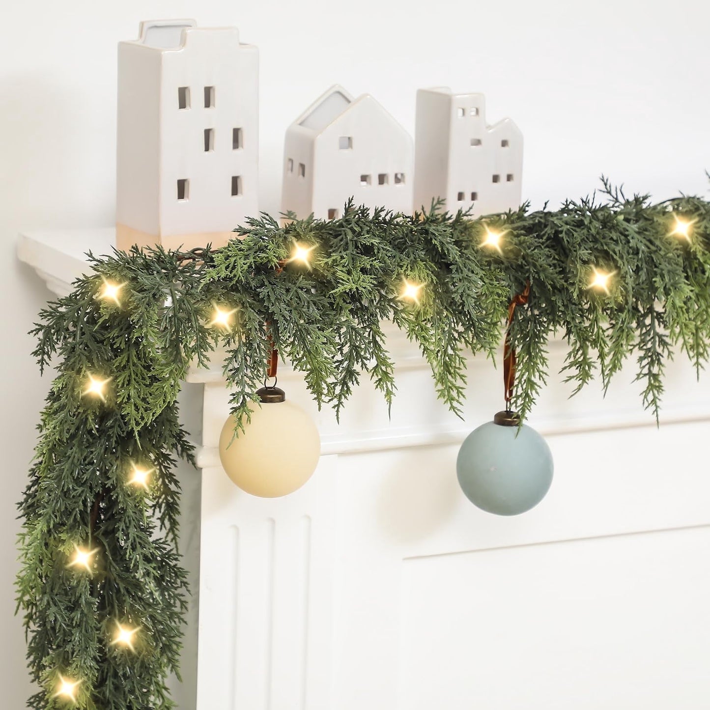 TETOU 2pc 6ft Christmas Cedar Garland with Lights,Artificial Realistic Cedar Pine Needles Greenery Garland for Christmas Holiday Winter Wall Mantle Fireplace Table Indoor Decor