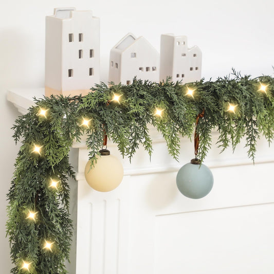 TETOU Christmas Cedar Garland with Lights,Artificial Realistic Cedar Pine Needles Greenery Garland for Christmas Holiday Winter Wall Mantle Fireplace Table  Indoor Decor