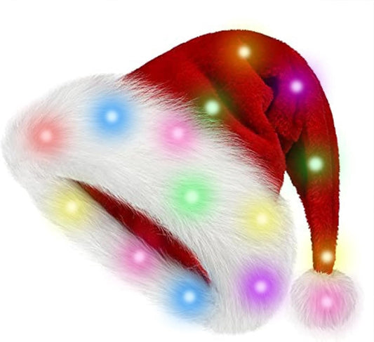 TETOU 1pc Christmas Hat,Led Faux Fur Plush Red Velvet Santa Hat for Adults Men Women Christmas New Year Festive Party