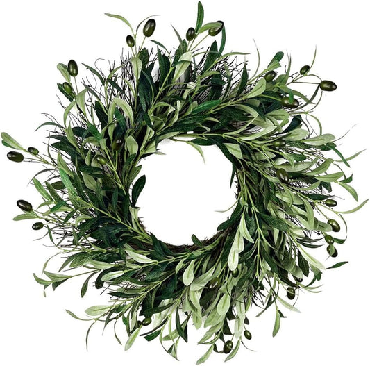 TETOU 20" Artificial Olive Wreath, Olive Branch Greenery Wreath & Olive Leaves, for Window Wall Hanging Front Door Holiday Outdoor Home Decorations