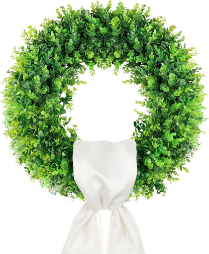 TETOU 20'' Boxwood Wreaths for Front Door,Artificial Spring Summer Wreath for Farmhouse Outside Year Round Hanging Wall St Patricks Day Decororation(Bow&Sash)