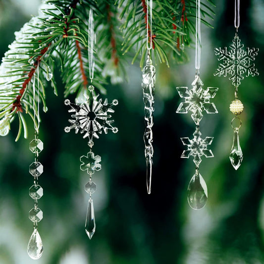 TETOU 20Pcs Christmas Decoration Crystal Ornaments, Hanging Acrylic Christmas Snowflake Icicle Drop Crystal Ornaments for Christmas Tree Winter New Year Party Decoration
