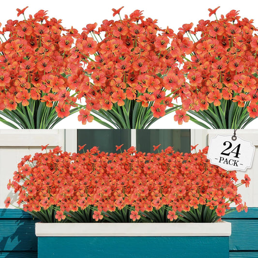 TETOU 24 Bundles Artificial Fall Flowers for Outdoor Decoration,Fake Silk Colorful Plastic Flowers UV Resistant No Fade for Front Door Garden Yard Thanksgiving Halloween Farmhouse Decor(Orange)