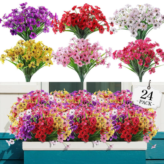 TETOU 24 Bundles Artificial Flowers for Outdoor Decoration, Fake Silk Colorful Plastic Flowers UV Resistant No Fade for Front Door Garden Yard Balcony Spring Farmhouse Decor(Mix color)