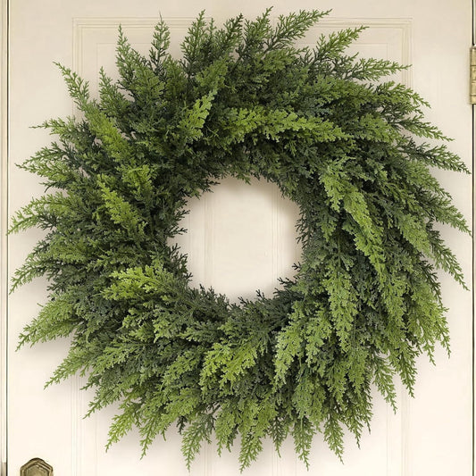 TETOU 24" Christmas Cedar Wreath for Front Door, Artificial Realistic Greenery Lifelike Touch Pine Needles Cedar Wreath for Christmas Wall Window Indoor Outdoor Home Holiday Decoration