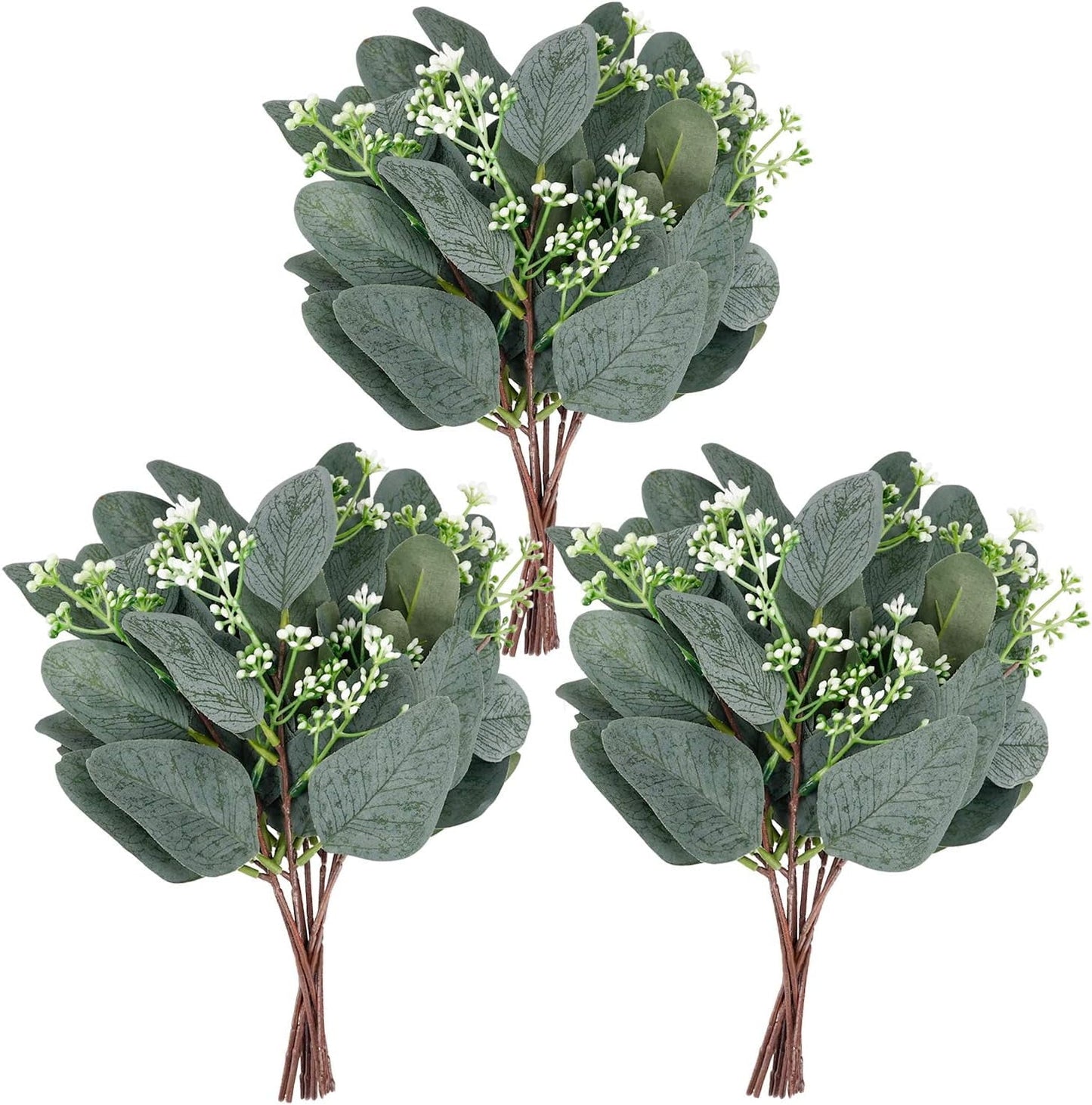 TETOU 24pcs Artificial Eucalyptus Leaves Stems with White Seeds Greenery Plants Flower Arrangement Wedding Home Decor