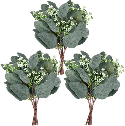 TETOU 24pcs Artificial Eucalyptus Leaves Stems with White Seeds Greenery Plants Flower Arrangement Wedding Home Decor