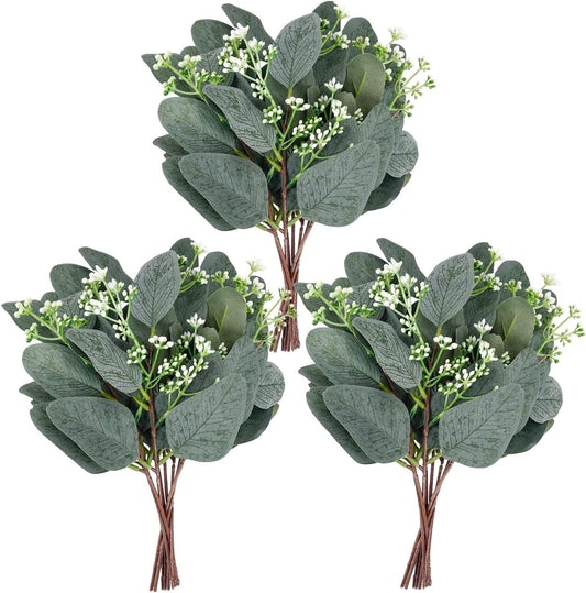 TETOU 24pcs Artificial Eucalyptus Leaves Stems with White Seeds Greenery Plants Flower Arrangement Wedding Home Decor