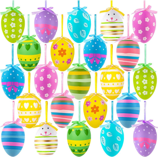 TETOU 24pcs Easter Tree Ornaments Multicolored Hanging Plastic Easter Eggs Tree Basket DIY Crafts Easter Party Favors