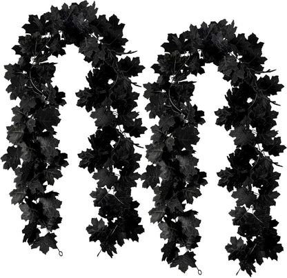 TETOU 2PCS Black Maple Leaf Garland,5.7Ft Halloween Artificial Hanging Fall Leave Vines for Fall Halloween Party Home Mantle Wall Indoor Outdoor Decoration