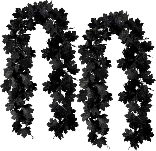 TETOU 2PCS Black Maple Leaf Garland,5.7Ft Halloween Artificial Hanging Fall Leave Vines for Fall Halloween Party Home Mantle Wall Indoor Outdoor Decoration