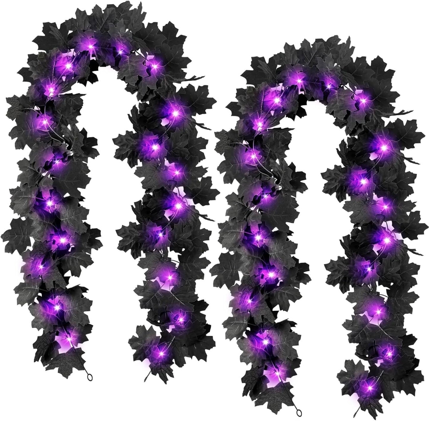 TETOU 2PCS Black Maple Leaf Garland with Purple Lights,5.7Ft Halloween Artificial Hanging Fall Leave Vines for Fall Halloween Party Home Mantle Wall Indoor Outdoor Decoration