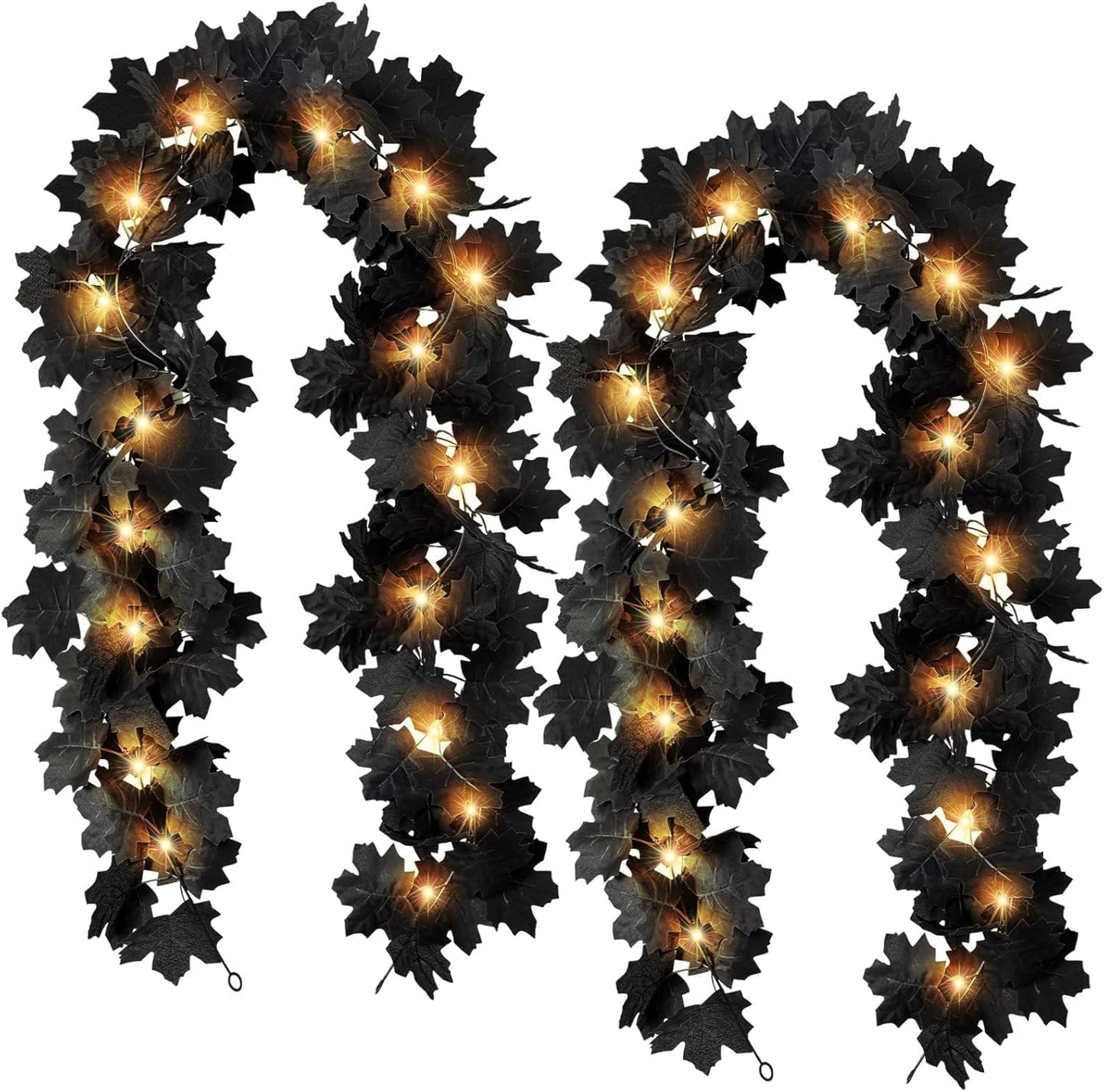 TETOU 2PCS Black Maple Leaf Garland with Warm Lights,5.7Ft Halloween Artificial Hanging Fall Leave Vines for Fall Halloween Party Home Mantle Wall Indoor Outdoor Decoration