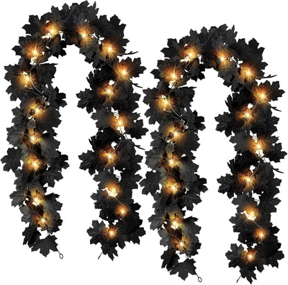 TETOU 2PCS Black Maple Leaf Garland with Warm Lights,5.7Ft Halloween Artificial Hanging Fall Leave Vines for Fall Halloween Party Home Mantle Wall Indoor Outdoor Decoration